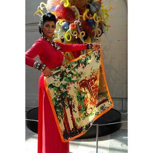 Bike French Scene Colorful Large Silk Scarf Vintage Accessory